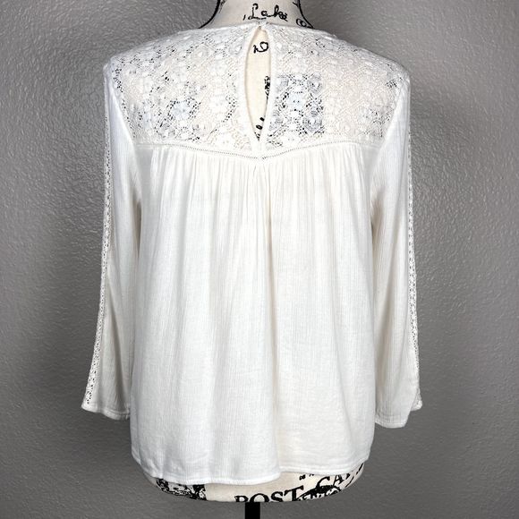 Hinge Sz S 3/4 Sleeve Sweetheart Lace Bodice Blouse White Lace Accents Boho - Picture 2 of 13